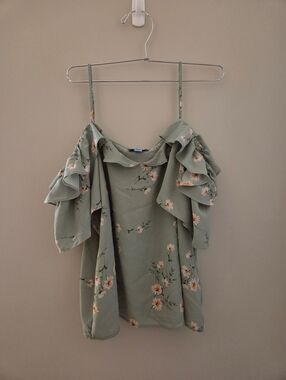 Sage Green Floral Ruffle Cold-Shoulder Top
